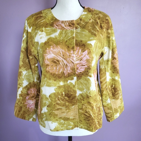 NWOT Talbots Mustard & Pink Rose Woven Cotton Canvas 2 Piece Blazer Skirt Suit - Picture 2 of 16